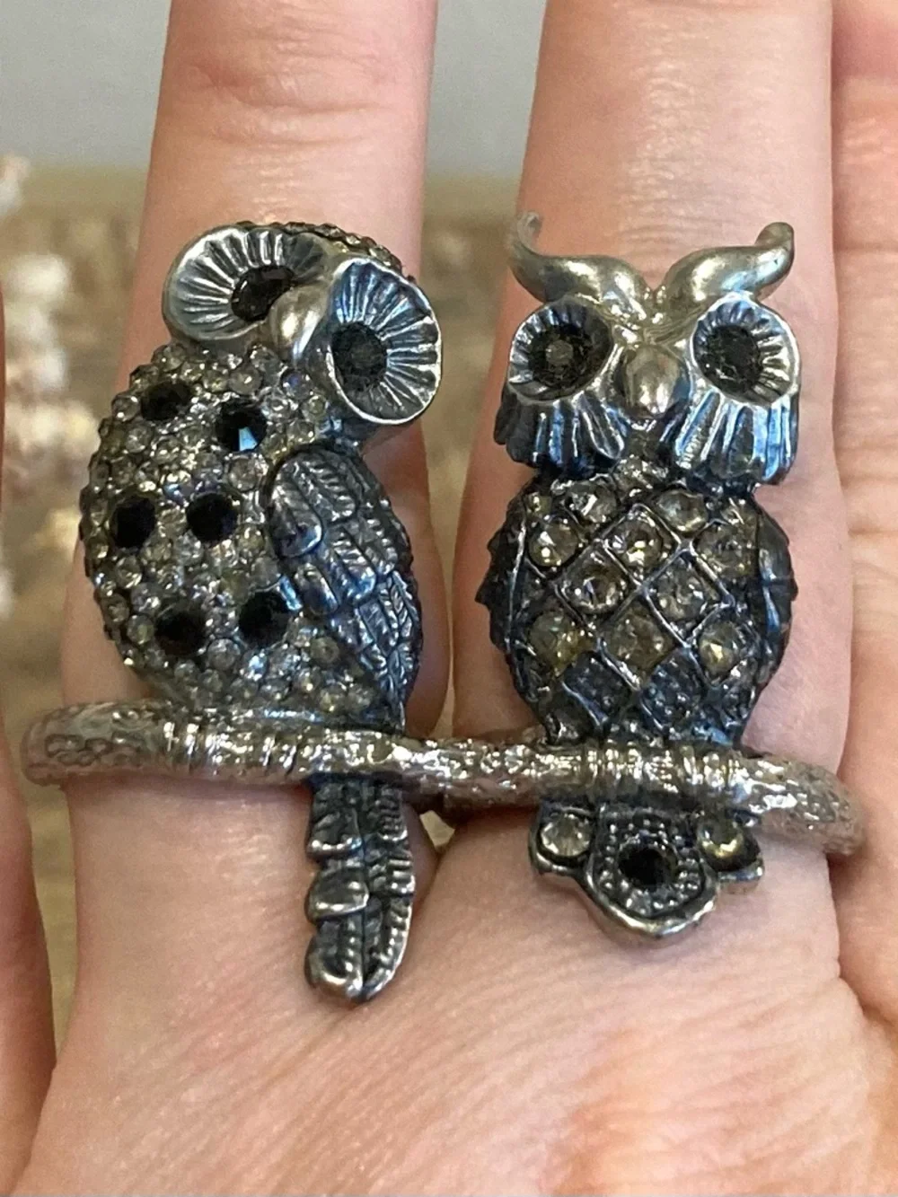 Double Owl Ring with Black Accents Silver Tone